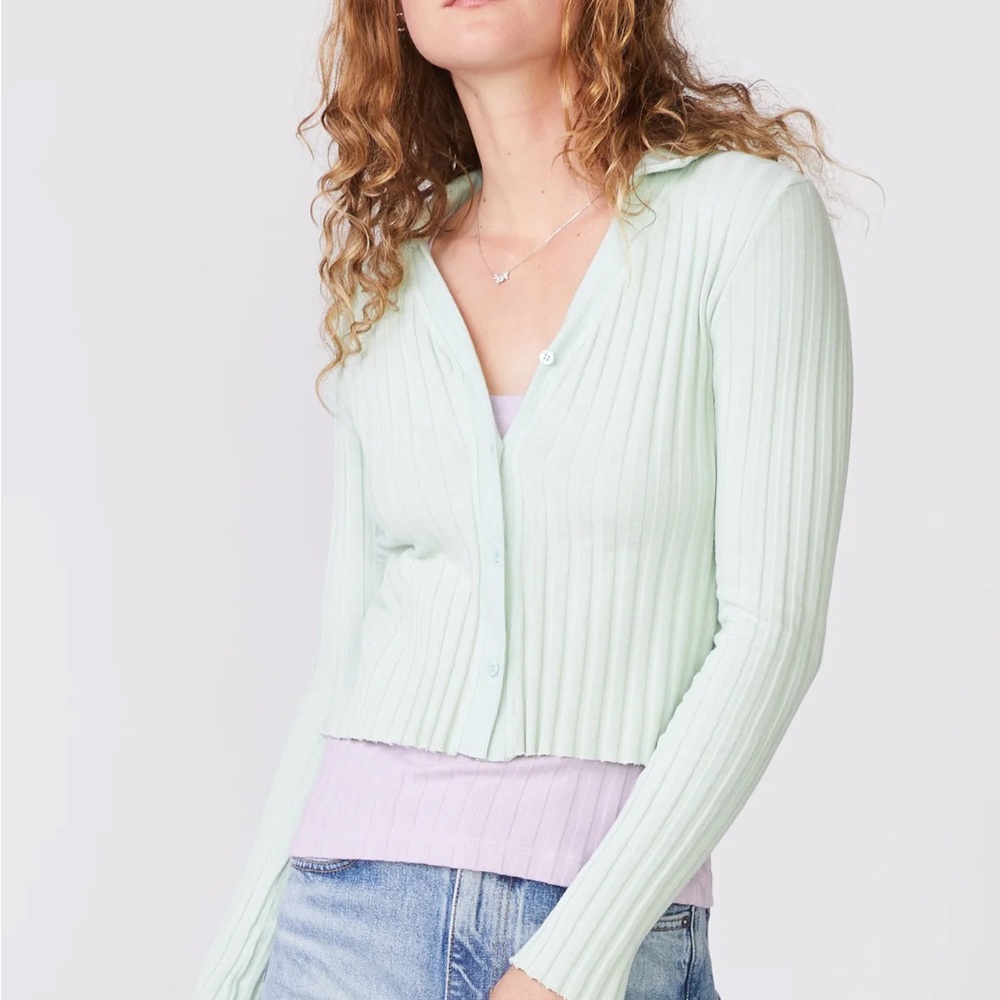 Stateside Farmboy Rib Cropped Collared Cardigan in Honeydew/Minty Blue Medium